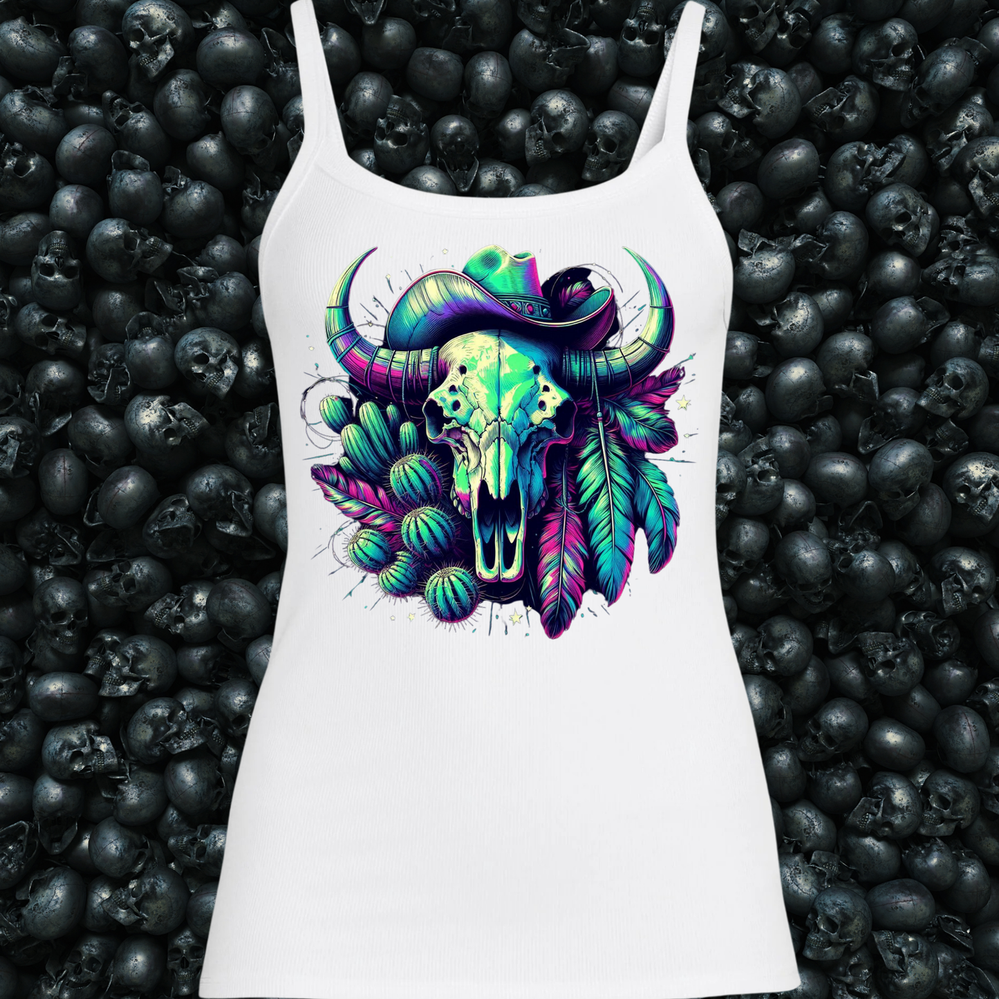 Neon Western Skull & Feathers Tank Top