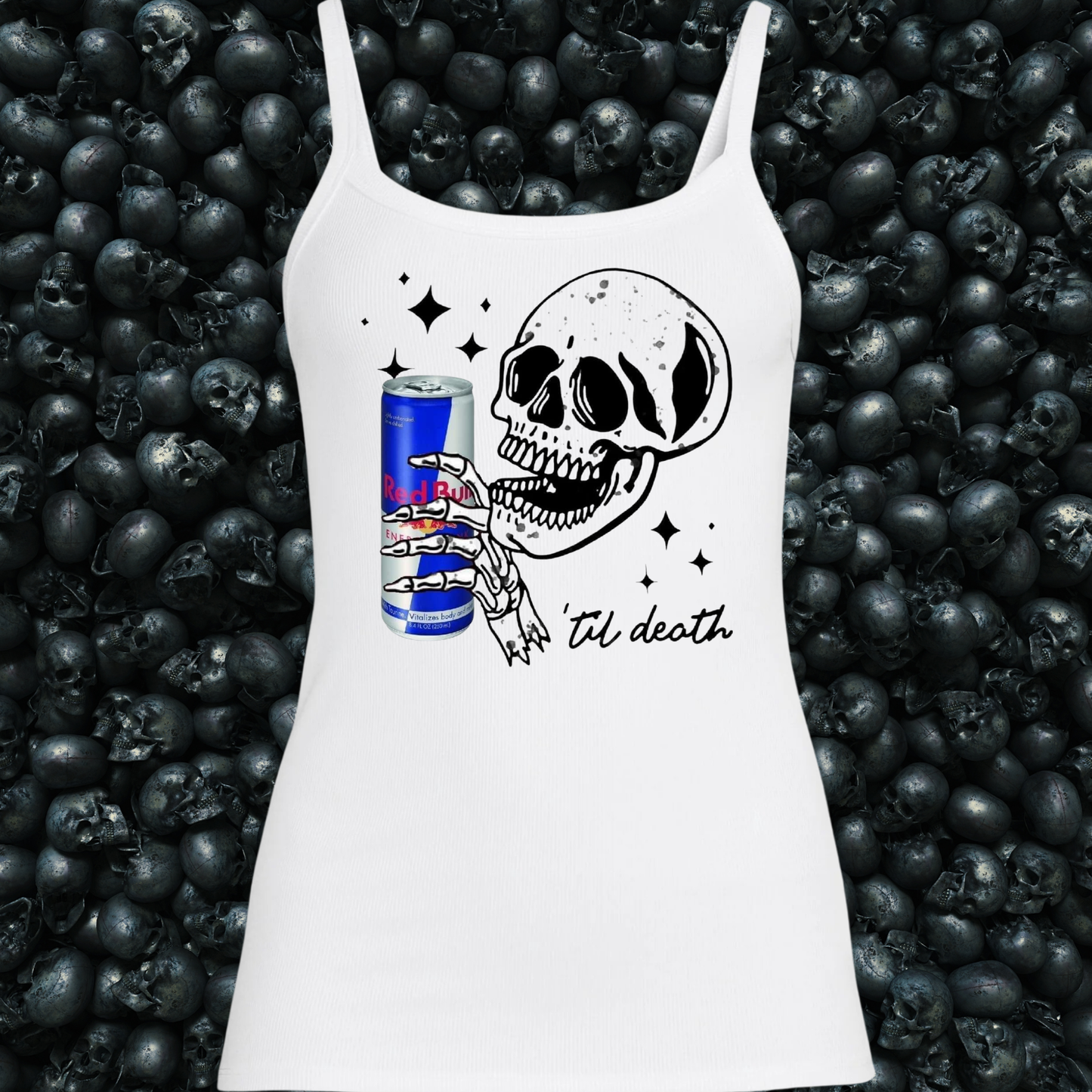 Skeleton Drinking Red Bull 'Til Death Tank Top