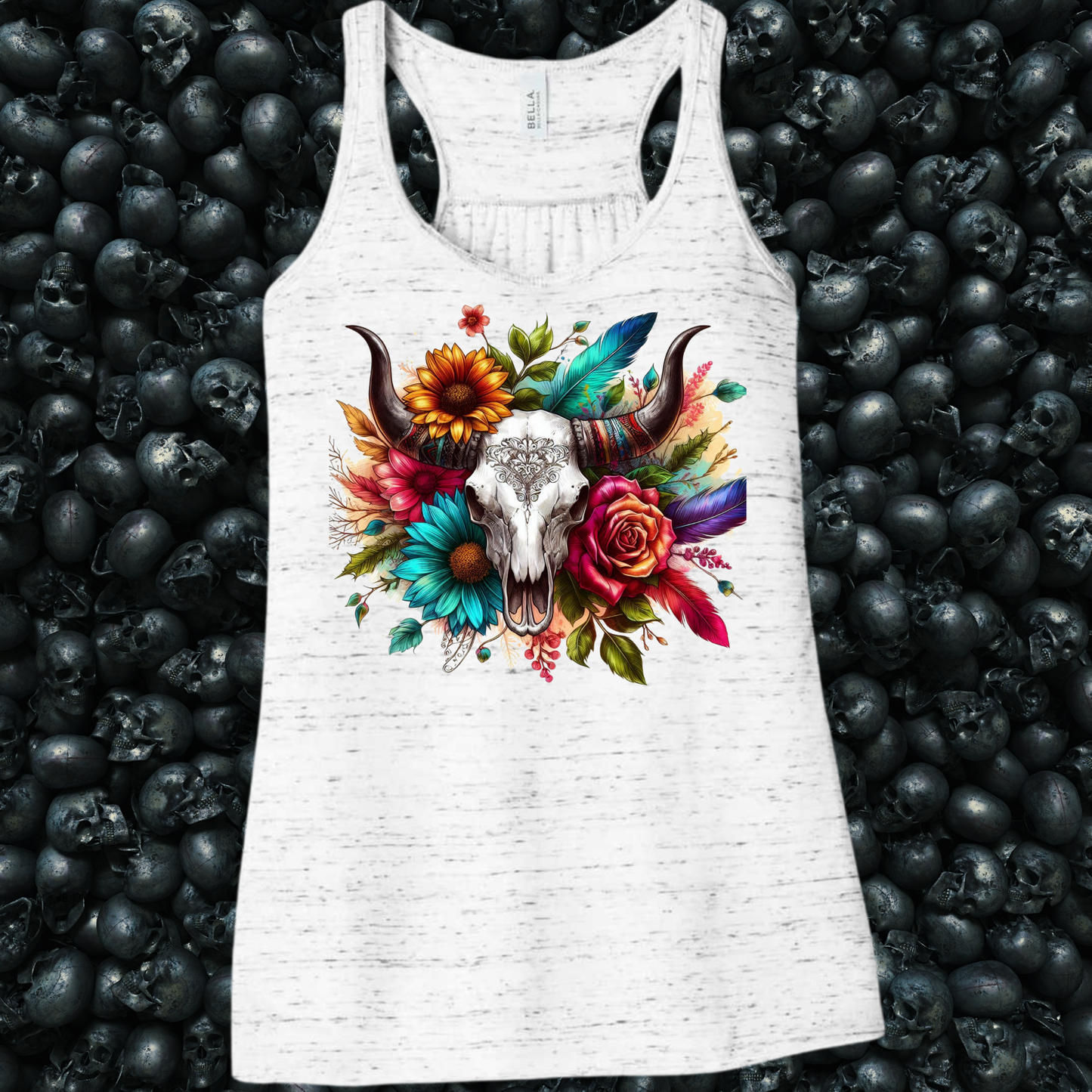 Western Longhorn Skull Flowers & Feathers Tank Top