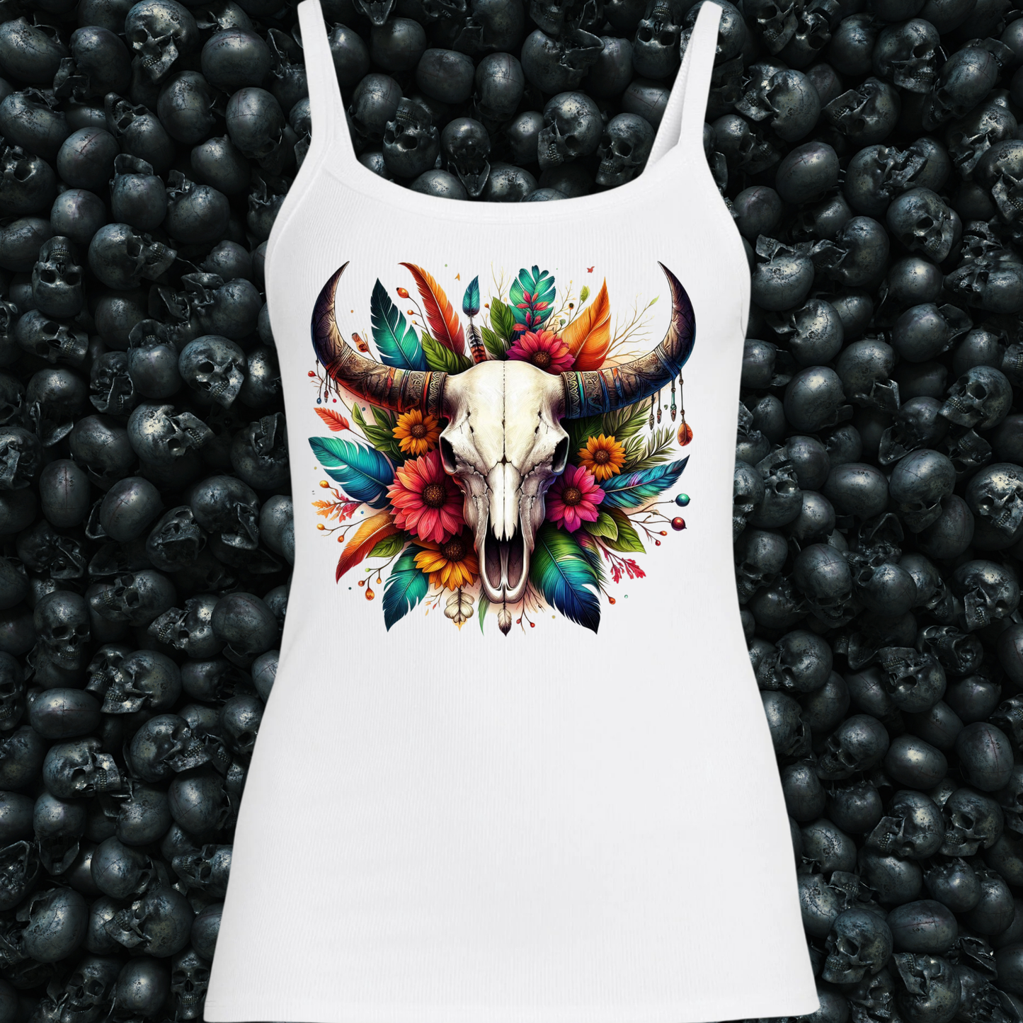 Western Longhorn Skull Flowers Tank Top