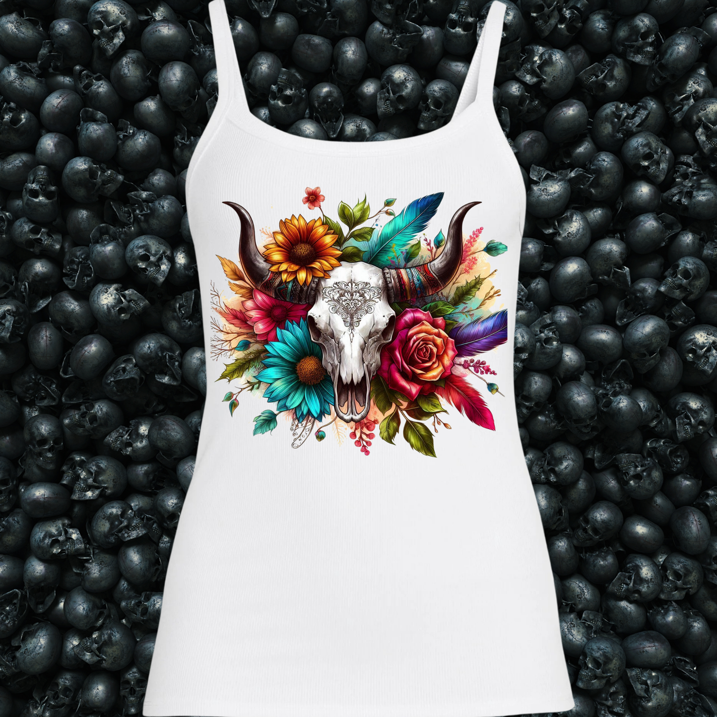 Western Longhorn Skull Flowers & Feathers Tank Top